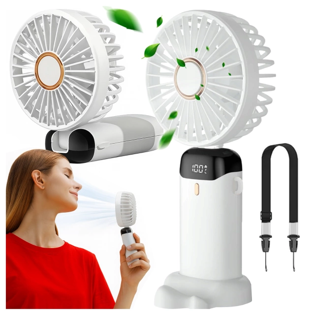 Wentylator Wiatrak Ręczny Bezprzewodowy, Przenośny i Biurkowy, z Uchwytem na Telefon, Ładowanie USB-C, Bateria 18650, Alogy CoolBreeze™ – Biały