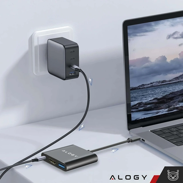 Adapter przejściówka HUB 3w1 USB-C na HDMI USB-A USB-C 4K 60Hz Alogy szary