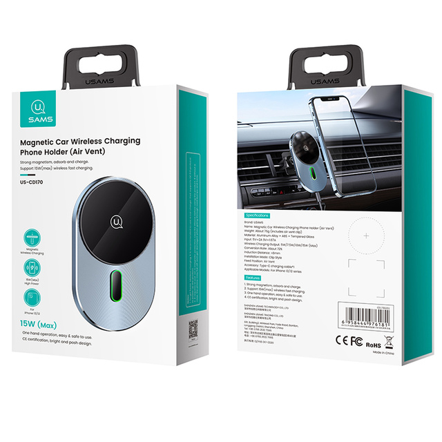 Uchwyt samochodowy na telefon ładowarka indukcyjna QI USAMS Magnetic Car Wireless Charging 15W do kratki (US-CD170)