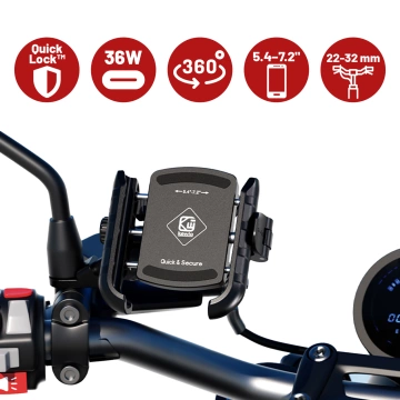 Kewig Motorrad-Handyhalterung mit 36-W-Schnellladefunktion (USB-C PD) für Lenker und Spiegel, 360°-Drehung, kompatibel mit Smartphones von 5,4 bis 7 Zoll – Schwarz