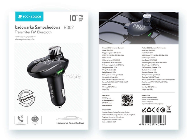Ładowarka samochodowa Rock Space B302 Transmiter FM MP3 Bluetooth