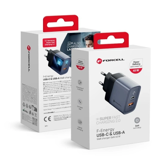 Forcell GaN 45W USB-C USB-A PD QC SFC Wandladegerät Grau