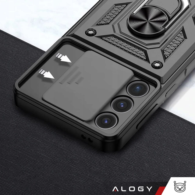 Etui do Samsung Galaxy S25 Ultra pancerne Slide Case Ring obudowa ochrona aparatu Camshield Alogy czarne + Szkło