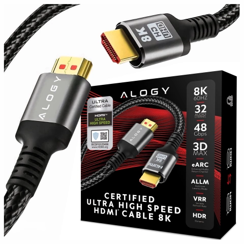 Kabel HDMI 2.1 Alogy 2m 4K 8K PREMIUM MIEDŹ ULTRA High Speed 60Hz 48GBps Czarny