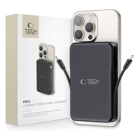 Powerbank magnetyczny z przewodem PB31 Lifemag Magsafe Power Bank 10000 mAh (Typ C + Lightning) Czarny 