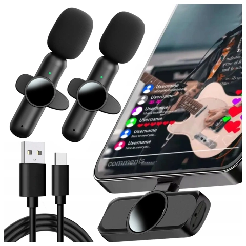 Mikrofon Bezprzewodowy 2x Zestaw - Lightning do iPhone, redukcja szumu, lekka konstrukcja, zasięg do 20 metrów - 2x Mikrofon Krawatowy z Futerkową Osłoną, Odbiornik do telefonu - Alogy DualVoice™ Czarny