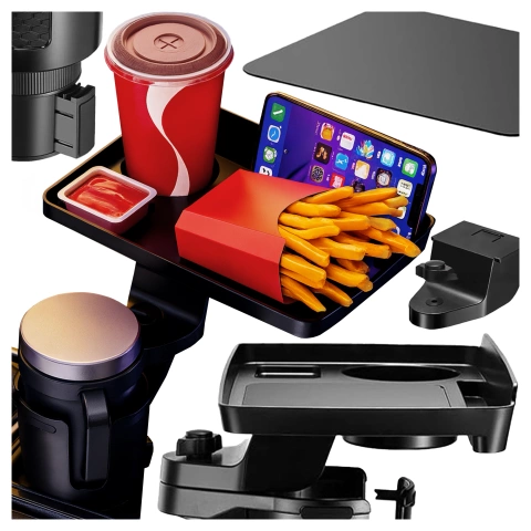 Uchwyt Samochodowy na Kubek i Butelkę Telefon z Obrotowym Stoliczkiem 360°, Mobilny Organizer 2w1, Alogy MultiUse Tray™ – Czarny