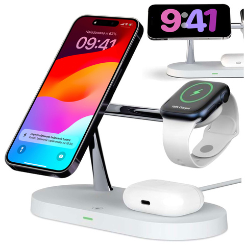Ładowarka Bezprzewodowa indukcyjna Qi MagSafe 3w1 do iPhone/AirPods/Watch White