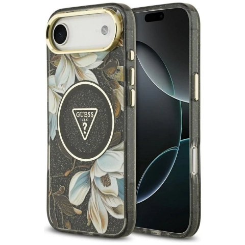 Etui Guess MagSafe do iPhone 17 Air IML Glitter Flowers Triangle Black