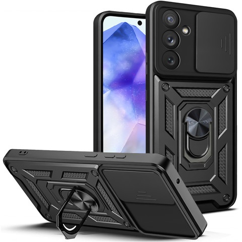 Etui do Samsung Galaxy A55 5G pancerne Slide Case Ring obudowa ochrona aparatu Camshield Alogy czarne + Szkło