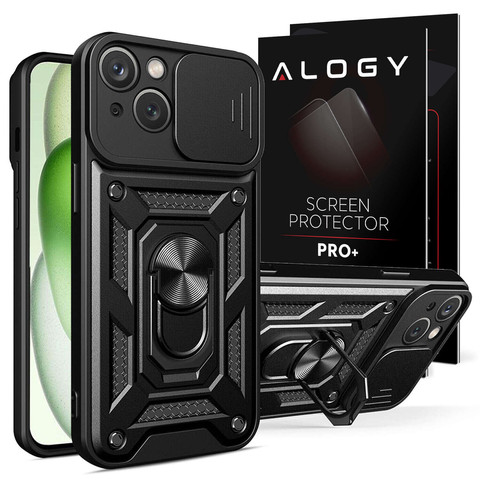 Etui pancerne do iPhone 15 Plus Camshield Case Ring Alogy Stand z osłonką na aparat slide czarne + Szkło