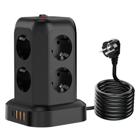 Przedłużacz 12w1 Rozdzielacz wieża ładująca Alogy ChargeTower Pro 2500W 8x gniazdo ładujące 3x USB.A 1x USB.C kabel 1.8m Czarny