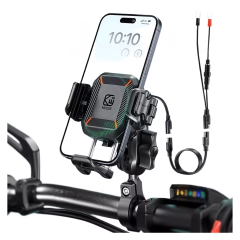 Uchwyt Motocyklowy na kierownicę KEWIG M33-A1 na telefon z ładowarką Qi 15W + PD 30W USB-C z systemem przeciwwstrząsowym na motor quada skuter Czarny