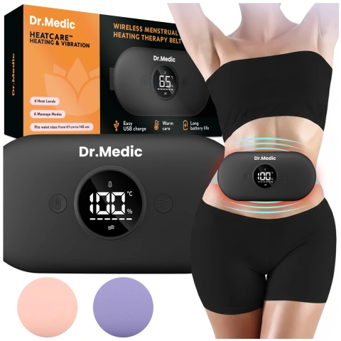 Pas Grzejący z Masażerem na okres i plecy - przeciwbólowy, ciepło + wibracje, 6 poziomów intensywności, akumulator 1800 mAh - Dr.Medic ThermoPulse™ Czarny