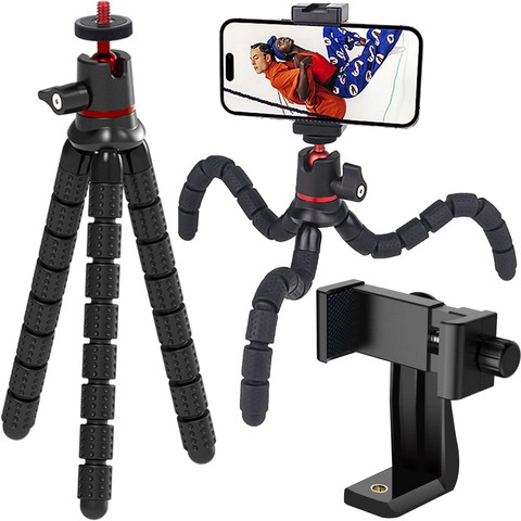 Elastyczny statyw do zdjęć mini tripod giętki na aparat kamerę telefon 1/4" trójnóg Octopus czarny + uchwyt do telefonu