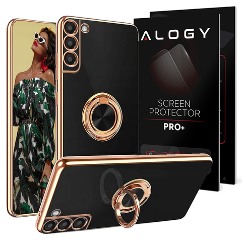 Etui Alogy TPU Luxury Ring Case z uchwytem na palec do Samsung Galaxy S21 FE 5G czarne ze złotą ramką + Szkło