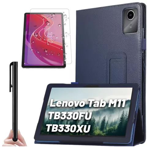 Etui + Szkło do Lenovo Tab K11E / M11 10.95" TB330FU/TB330XU/TB331FC stojak pokrowiec obudowa z klapką na tablet Case Alogy Granatowe + Rysik Gratis