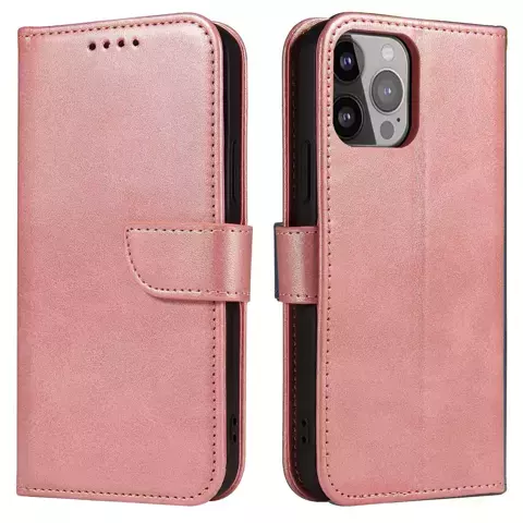 Etui na telefon Magnet Case do iPhone 13 Pro Max elegancki futerał etui pokrowiec z klapką i funkcją podstawki różowy