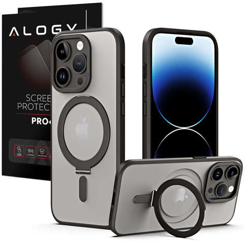 Etui pancerne Alogy Stand Ring Case obudowa ochronna na telefon do MagSafe do Apple iPhone 14 Pro Czarne + Szkło