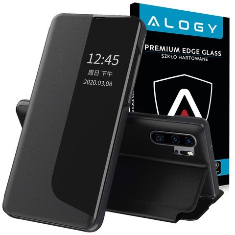 Etui z klapką portfel Alogy skórzane Smart View Cover do Huawei P30 Pro Czarne + Szkło Alogy Full