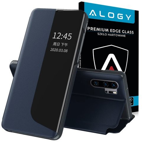 Etui z klapką portfel Alogy skórzane Smart View Cover do Huawei P30 Pro Granatowe + Szkło Alogy Full