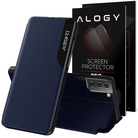 Etui z klapką portfel Alogy skórzane Smart View Cover do Samsung Galaxy S21 FE Granatowe + Szkło