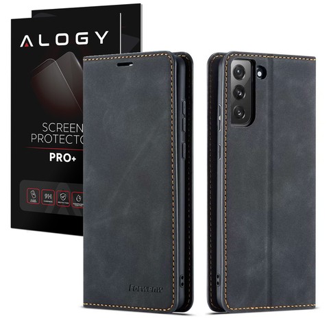 Etui zamykane z klapką portfel Alogy skórzane do Samsung Galaxy S22 Plus Czarne + Szkło