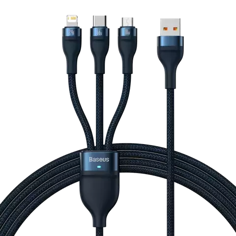 Kabel USB 3w1 Baseus Flash Series, USB-C + micro USB + Lightning, 66W, 1.2m (niebieski)