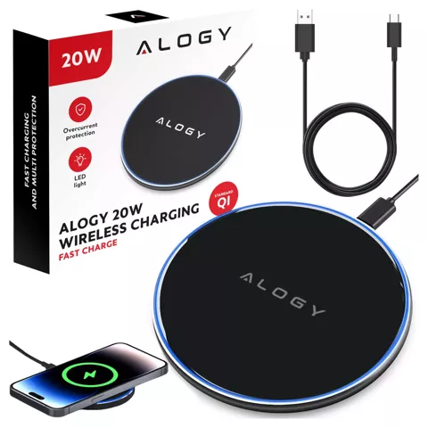 Ładowarka indukcyjna QI bezprzewodowa 20W szybka LED Alogy okrągła mocna + kabel USB-C Czarna