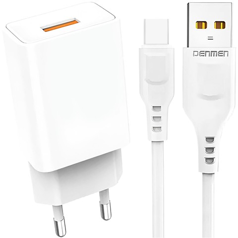 Ładowarka sieciowa USB + kabel USB-C typ C 1m do iPhone 15 szybka 2.4A 12W Denmen Biała