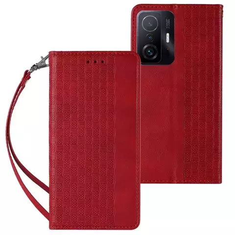 Magnet Strap Case etui do Samsung Galaxy A12 5G pokrowiec portfel + mini smycz zawieszka czerwony