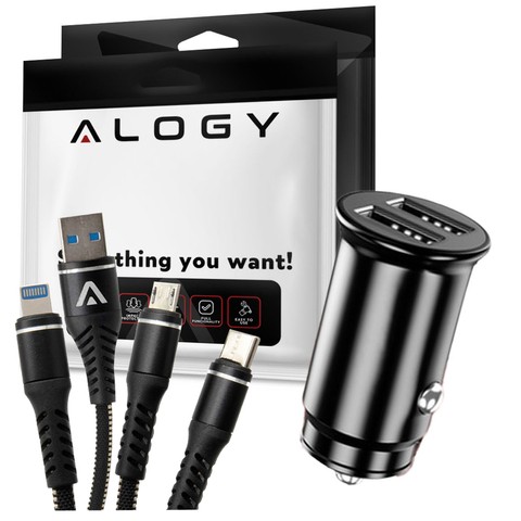 Mini Ładowarka samochodowa Alogy do auta 2x USB-A 3.1A Czarna + Kabel Alogy 3w1