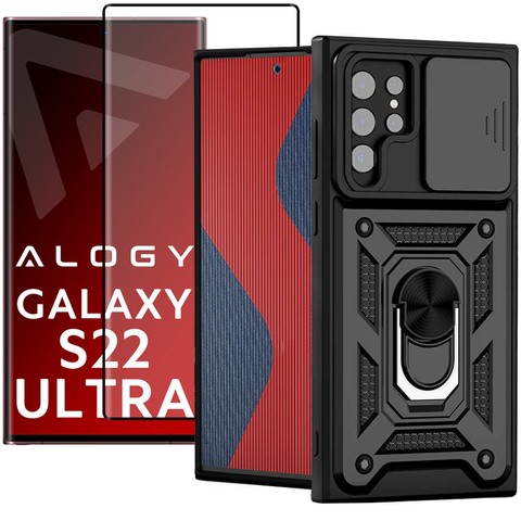 Pancerne etui z osłoną aparatu Alogy Camshield Stand Ring do Samsung Galaxy S22 Ultra czarne + Szkło Full Glue
