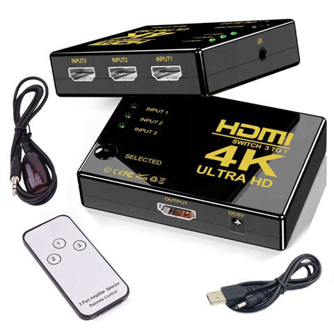 Rozdzielacz Switch 3x HDMI 4K Ultra HD do konsoli telewizora DVD + Pilot Czarny
