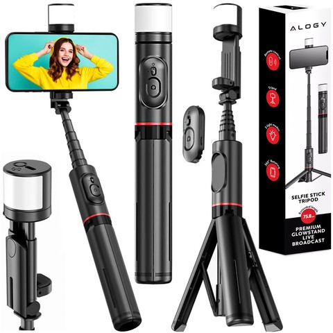 Selfie stick kijek Statyw Tripod uchwyt do telefonu zdjęć Lampa LED + Pilot Bluetooth 75.8cm Alogy czarny