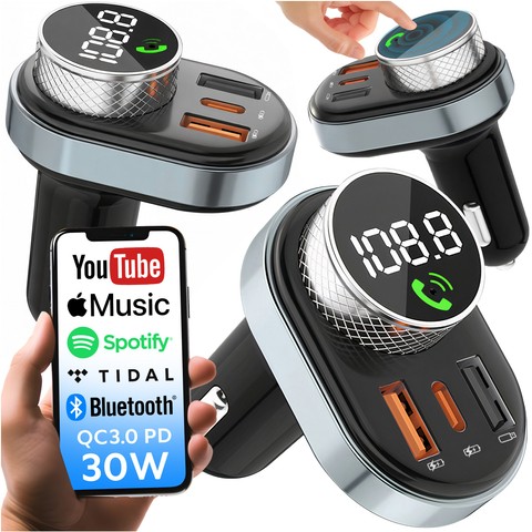 Transmiter FM Ładowarka Samochodowa Bluetooth 5.0 USB QC 3.0 USB-C PD 30W MP3 karty TF BC74 Czarny