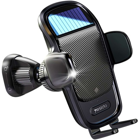 Uchwyt samochodowy automatyczny z panelem solarnym na telefon do kratki samochodu auta USB-C Czarny