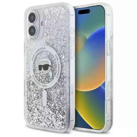 Etui Karl Lagerfeld do iPhone 16 Plus 6.7" Magsafe Hardcase Transparent Liquid Glitter Karl Head 