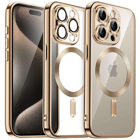 Etui MagSafe Case do iPhone 15 Pro Glamour Luxury obudowa Slim Ring Alogy Złote przezroczyste + Szkło