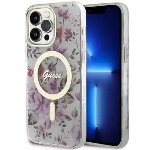 Etui na telefon Guess GUHMP14LHCFWST do Apple iPhone 14 Pro 6.1" transparent hardcase Flower MagSafe