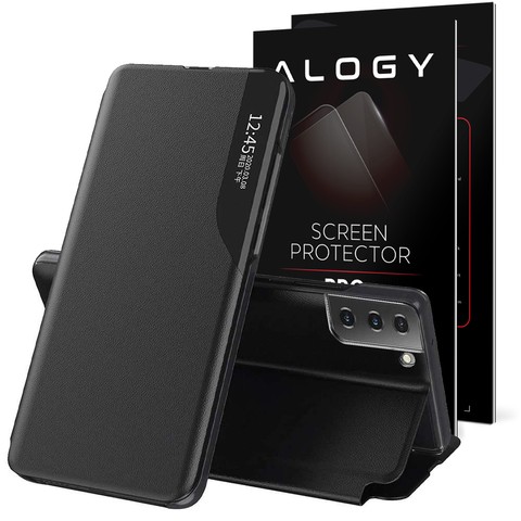 Etui z klapką portfel Alogy skórzane Smart View Cover do Samsung Galaxy S21 FE Czarne + Szkło