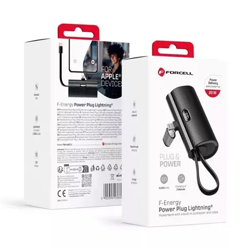 FORCELL F-ENERGY Power Plug F5K3 Powerbank z Wbudowanym Złączem Lightning PD 20W 5000 mAh Czarny