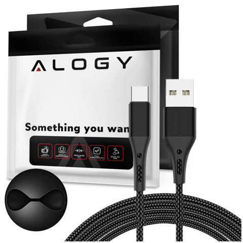 Kabel Alogy przewód USB-A do USB-C Type C 3A 2m Czarny + Organizer