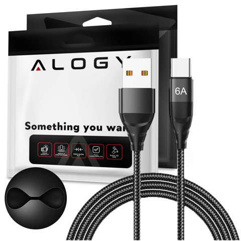 Kabel Alogy przewód USB-A do USB-C Type C 6A 1m Czarny + Organizer