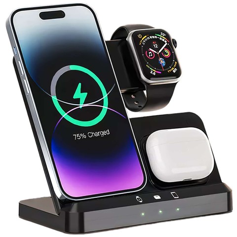 Ładowarka Bezprzewodowa Indukcyjna Qi QC 3.0 3w1 Szybka do Apple iPhone Airpods Watch Stacja ładująca 15W czarna 