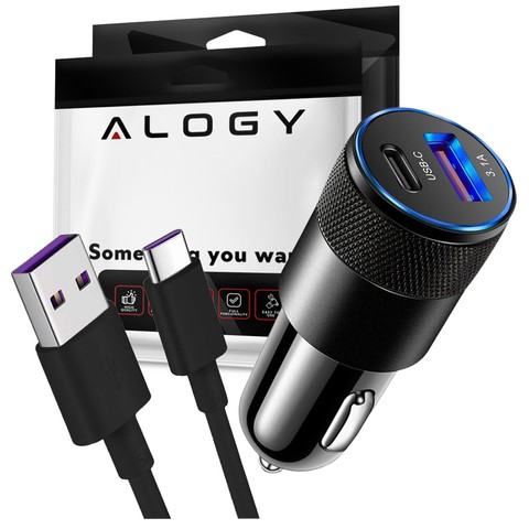 Ładowarka samochodowa Alogy do auta USB-C Type C + USB 3.1A Czarna + Kabel USB-A do USB-C