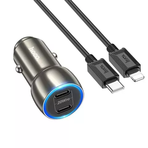 Ładowarka samochodowa HOCO 2 x Typ C + kabel Typ C do Lightning PD QC3.0 3A 40W Z48 szara