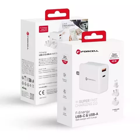 Ładowarka sieciowa 3w1 FORCELL F-ENERGY Typ C + USB A PD QC4.0 3A 45W z wymiennymi wtyczkami Biała