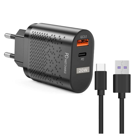 Ładowarka sieciowa Alogy szybka USB + USB-C Type C QC 3.0 PD 20W Czarna + Kabel USB-A do USB-C