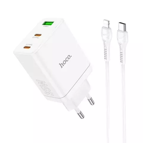 Ładowarka sieciowa HOCO 2 x Typ C + USB A + kabel Typ C do Lightning PD QC3.0 3A 35W Biała